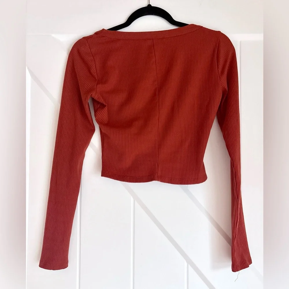 Reformation Rust Ribbed Scoop Neck Long Sleeve Crop Top M